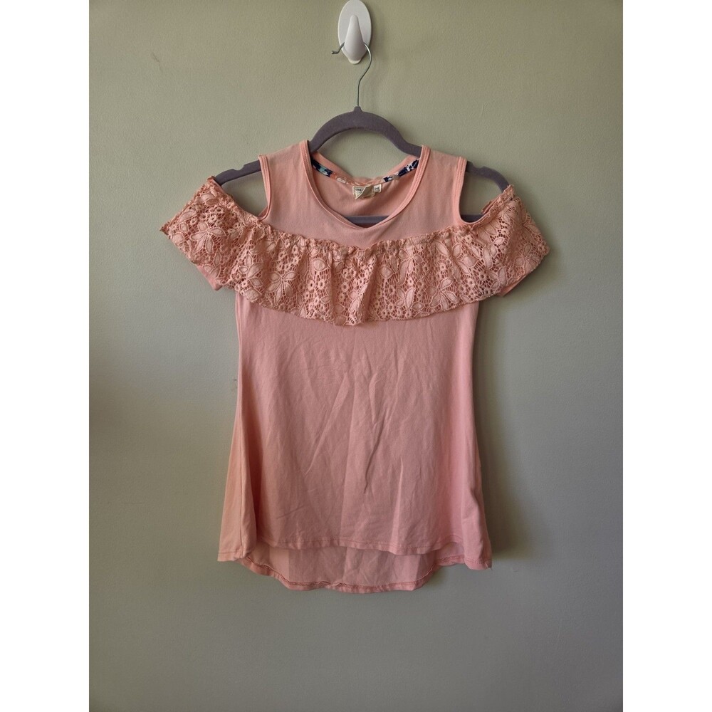 Girls Pink Lace Cold Shoulder Top Medium High Low Short Sleeve Coquette Twee